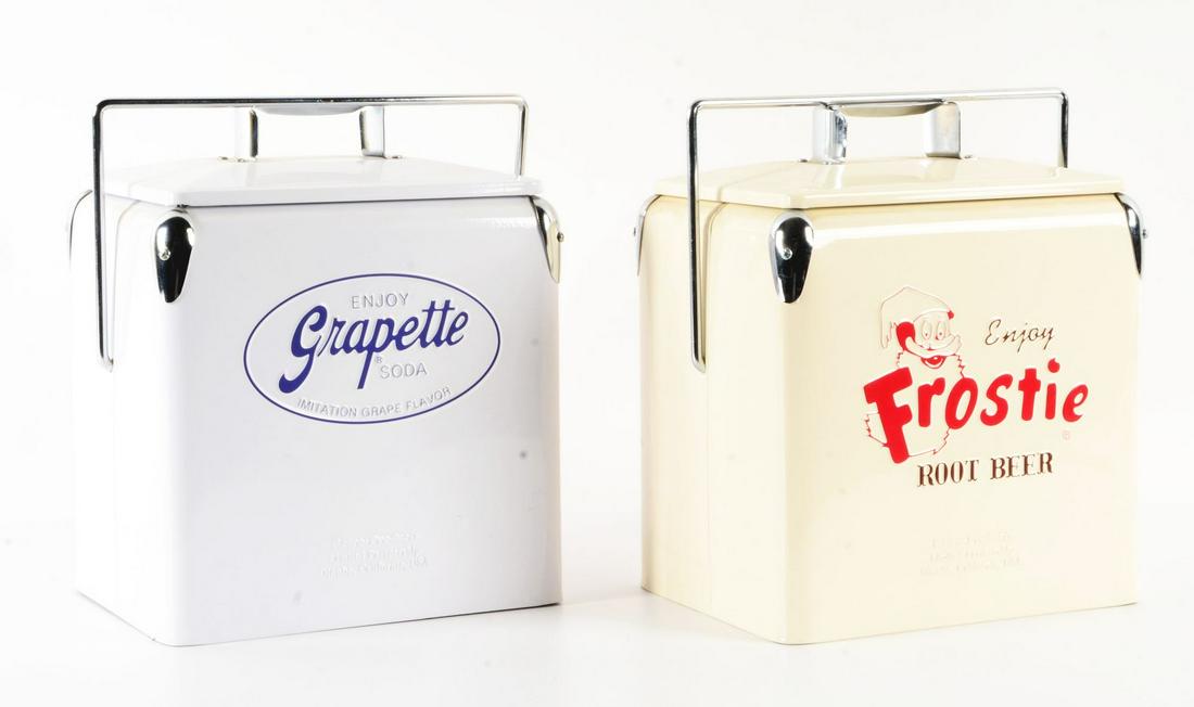 LOT OF 2: SMALL SIZE REPRODUCED PICNIC COOLERS.: Made by "Retro Products" out of "Dinnba, California." The first one is a "Grapette" embossed on both sides, with bottle opener. The second one is a "Frostie Root Beer" embossed on both sides, with an 