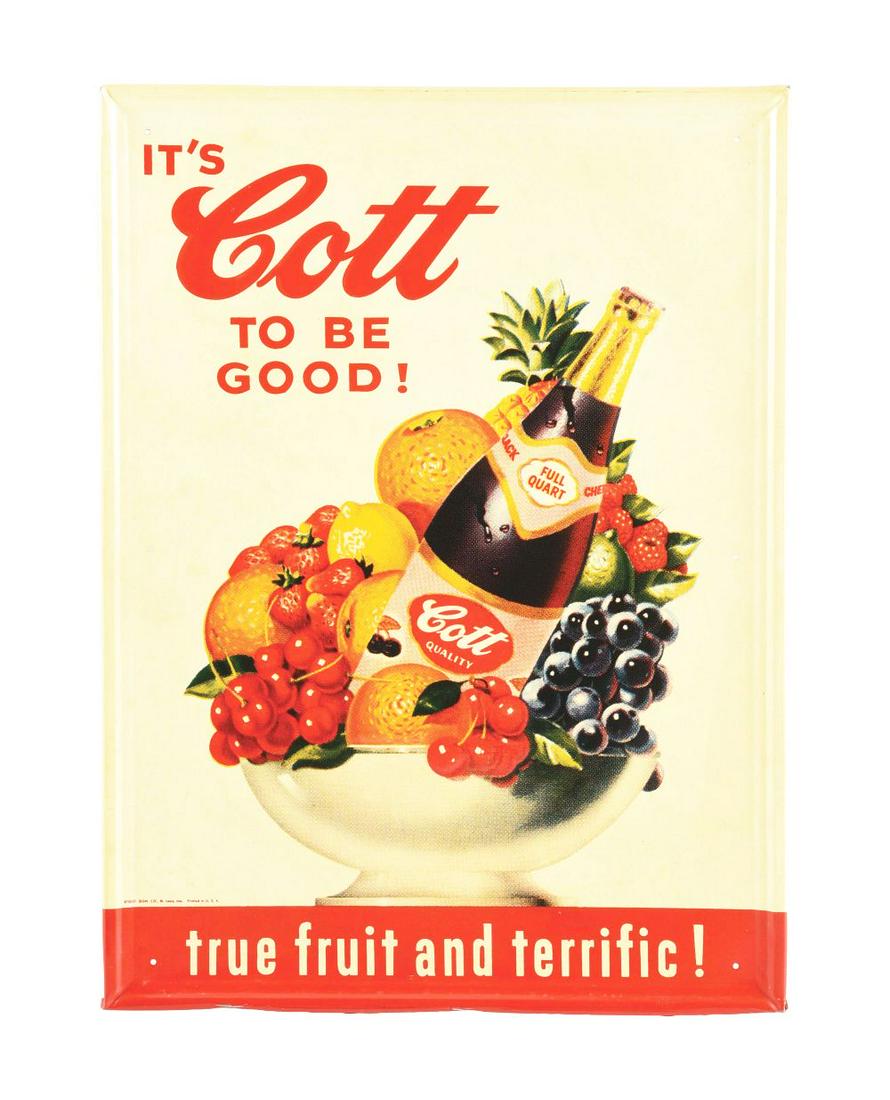 COTT FRUIT WINE SIGN.: SST. This is an excellent embossed tin sign, marked "Stout Sign Co.". This sign is in nice condition with a little bit of browning to the white portions of the field. Overall an excellent self framed 