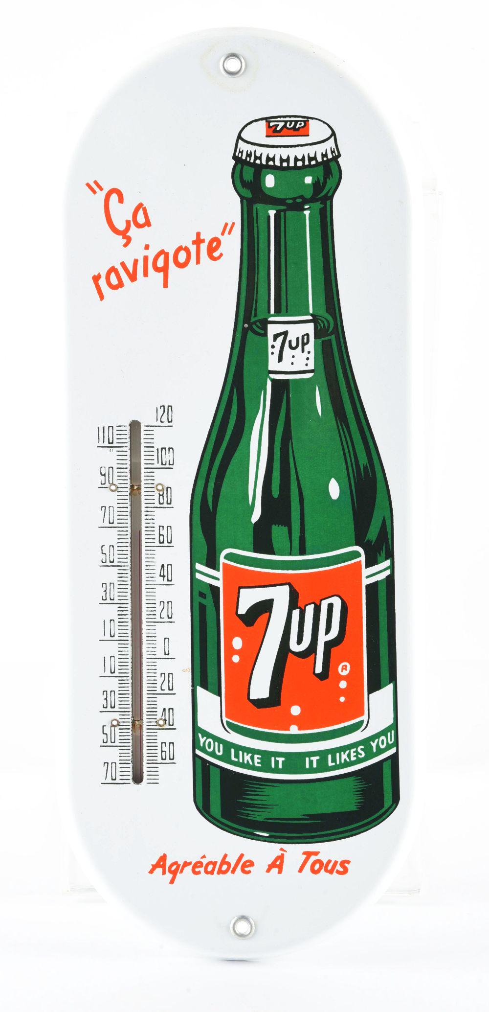 FOREIGN 7UP THERMOMETER SIGN.: A wonderful example of this 7 up thermometer. Little signs of wear and probably never used. Condition:(Very Good).6" x 15".Dimensions: