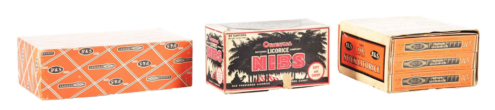LOT OF 3: VARIOUS LICORICE BOXES.: This is a lot of three licorice boxes. The first is a Nib's Oriental Licorice box in excellent condition with great graphics. The second is a new old stock "Profitable! Counter and Window Display" of