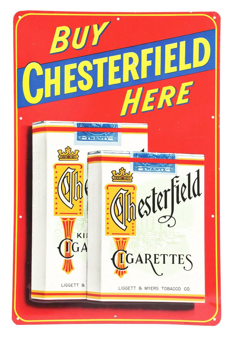 SINGLE-SIDED EMBOSSED TIN CHESTERFIELD CIGARETTES SIGN. (1 of 2)