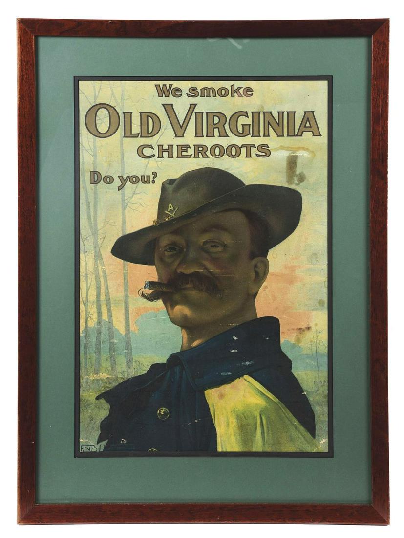 FRAMED CARDBOARD ADVERTISEMENT OF OLD VIRGINIA CHEROOTS CIGARS. (1 of 2)