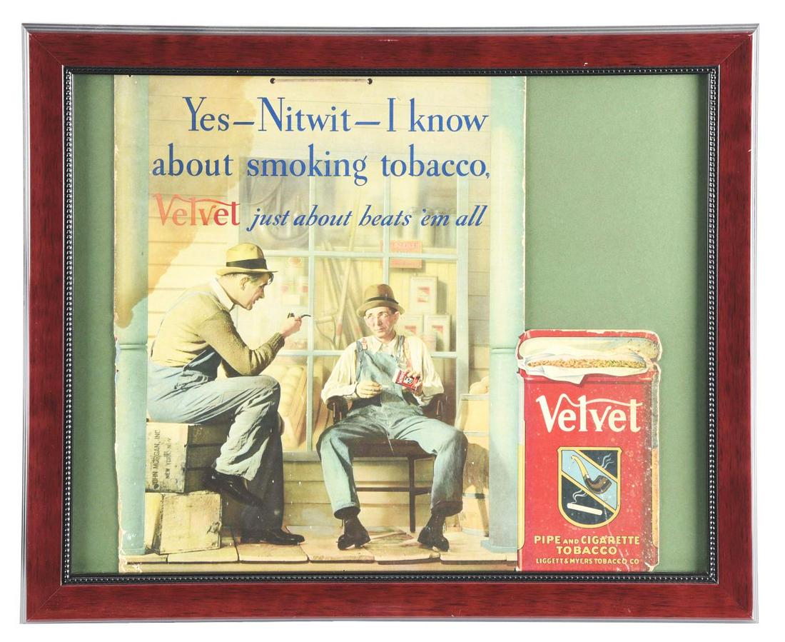 FRAMED CARDBOARD ADVERTISEMENT FOR VELVET PIPE & CIGARETTE TOBACCO. (1 of 3)
