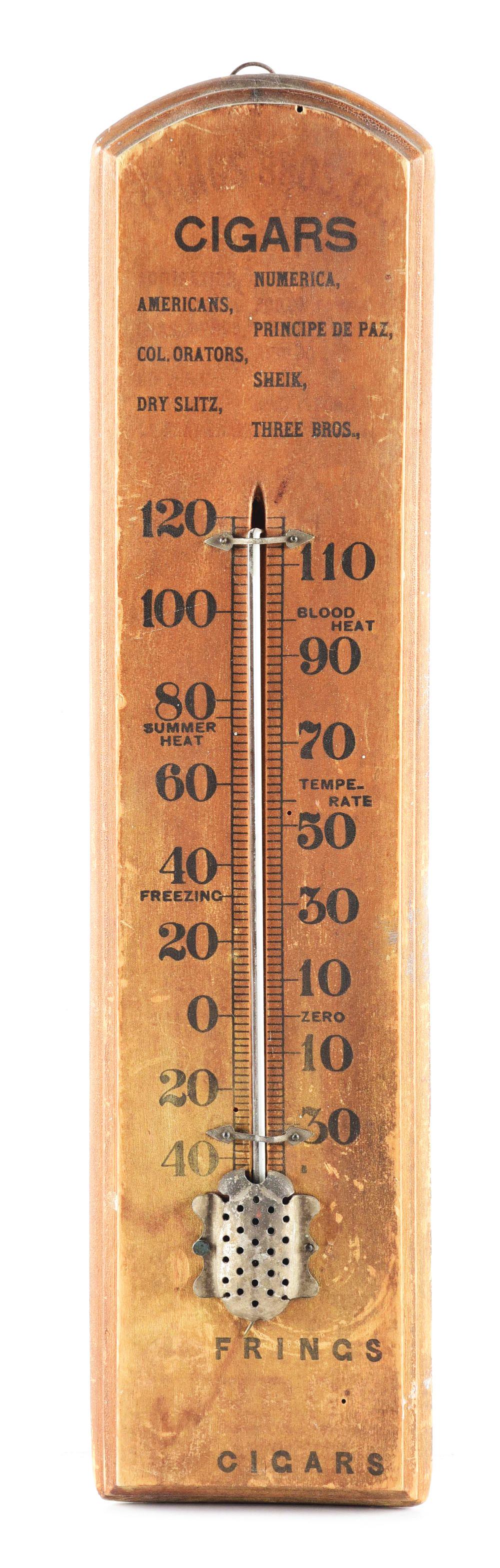 FRINGS CIGARS WOODEN THERMOMETER. (1 of 2)