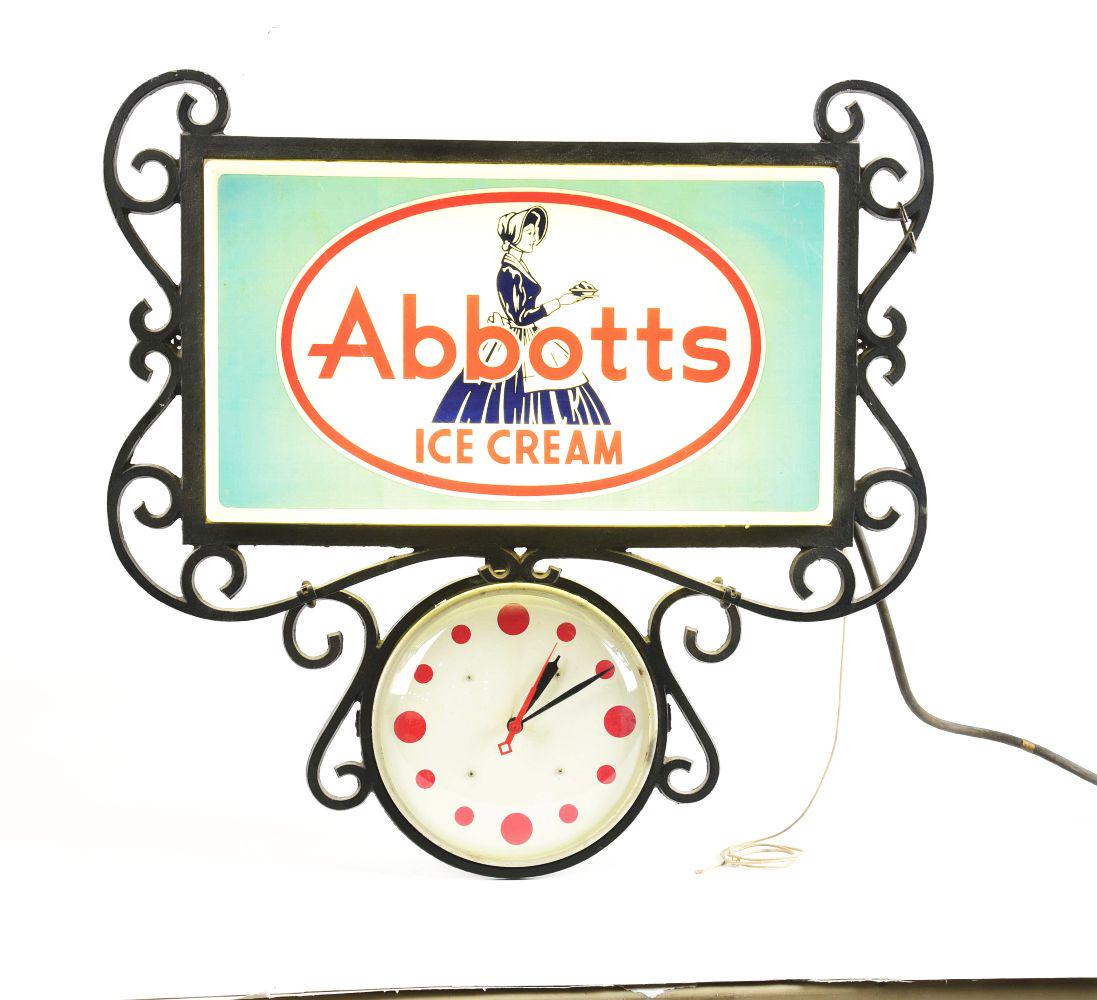 ABBOTT'S ICE CREAM LIGHT-UP SIGN WITH CLOCK. (1 of 3)