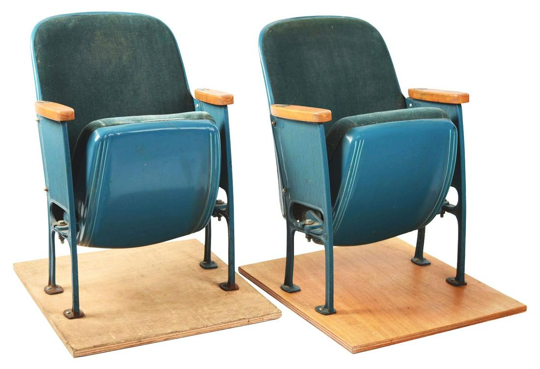 LOT OF 2: THEATRE SEATS.: This is a lot of two original theatre seats in original velvet covering with pine handles. They are marked seats, "6", "7", "8" and "10" in all original condition.Condition:(Good).Each: 30" x 24" x 24