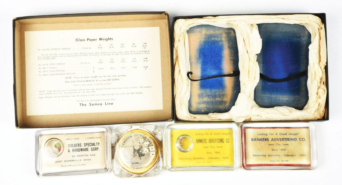 LOT OF 4: GLASS ADVERTISING PAPERWEIGHTS. (1 of 3)