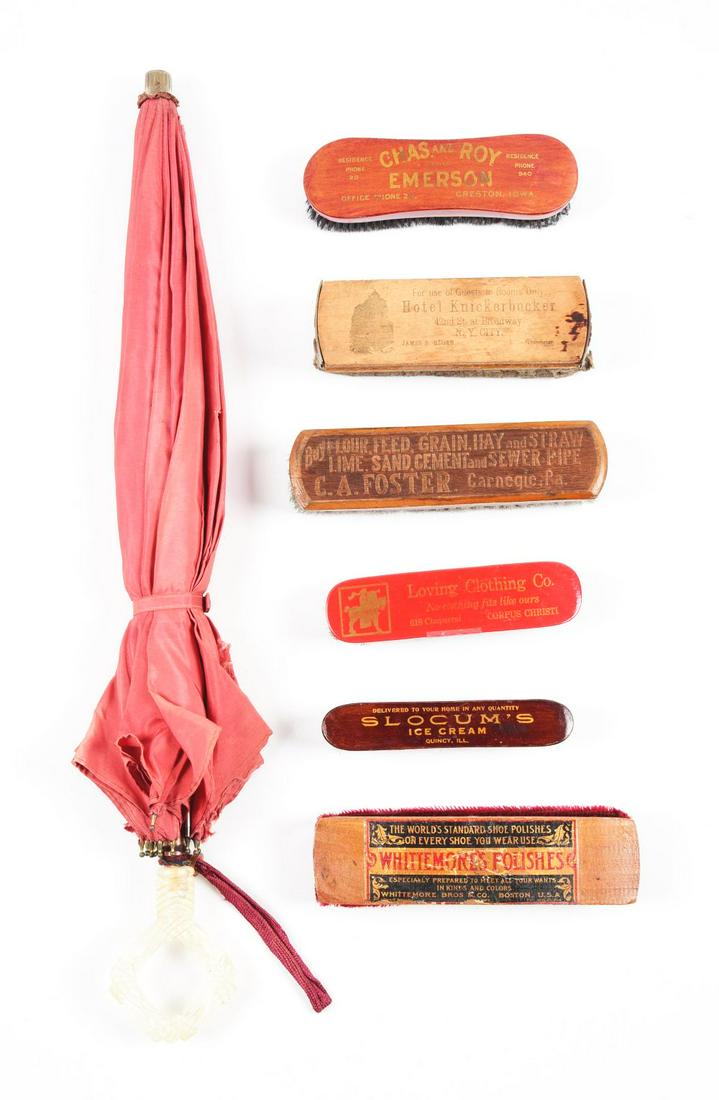 LOT OF 7: SHOE POLISH BRUSHES AND SMALL UMBRELLA. (1 of 2)