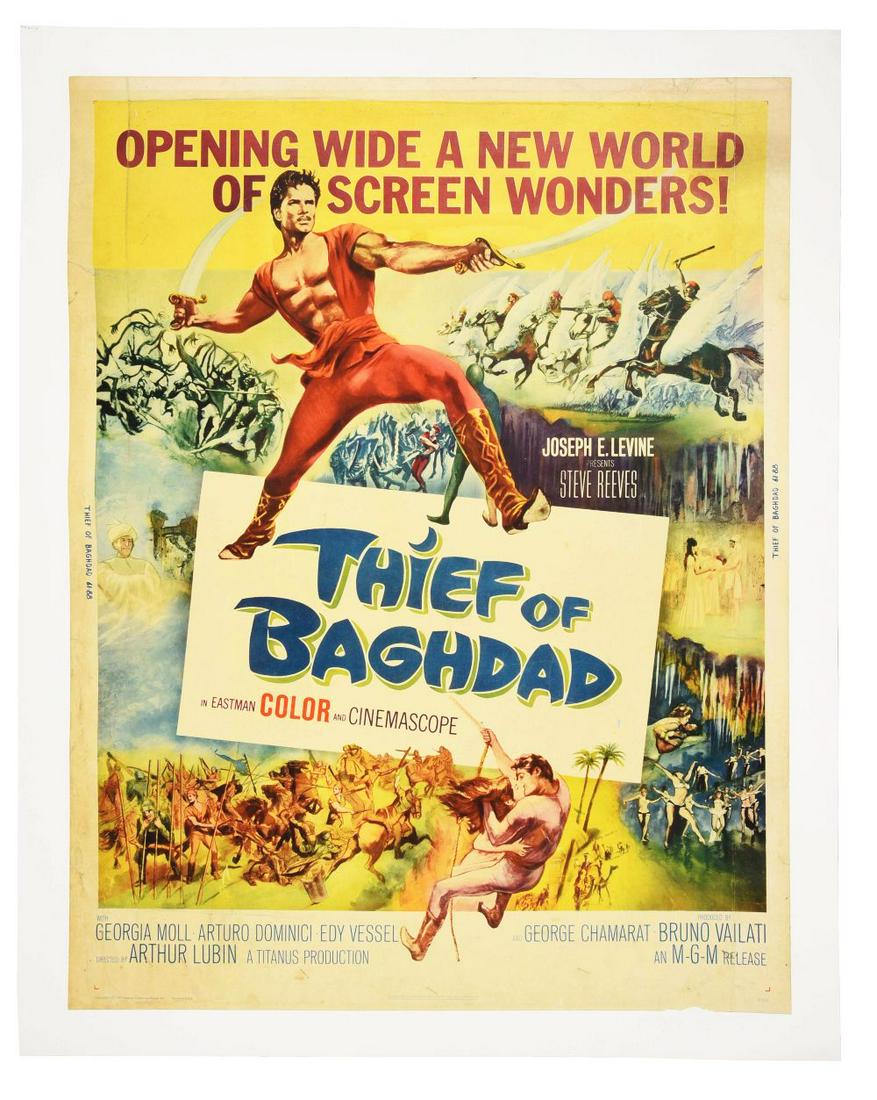 THIEF OF BAGHDAD LINEN-BACKED MOVIE POSTER.: This piece is a lithograph from the motion picture "Thief of Baghdad" starring Steve Reeves. This piece has some folds, rips and staining mostly confined to the outer edge of the poster. It has been n