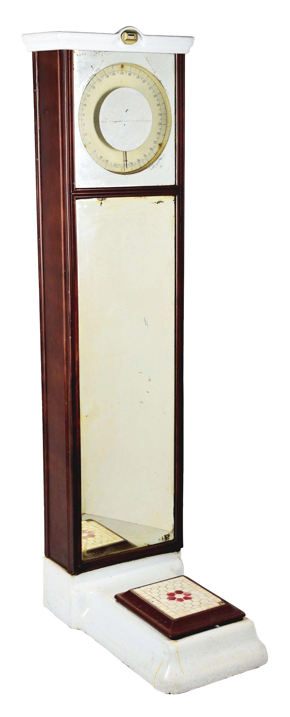 COLUMBIA PORCELAIN AND TIN PENNY WEIGHING SCALE. (1 of 4)