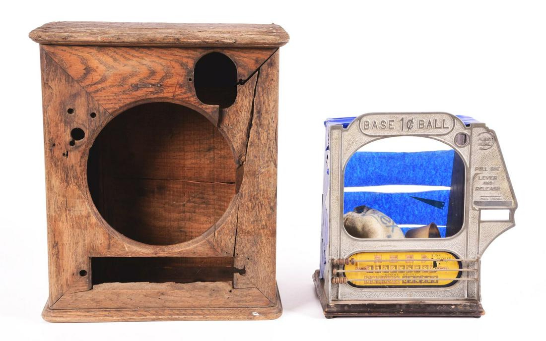 LOT OF 2: OAK CABINET FOR A TRADE STIMULATOR AND 1 CENT BASEBALL GAME PROJECT. (1 of 4)