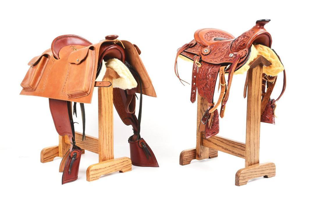 LOT OF 2: HANDMADE MINIATURE LEATHER SADDLES. (1 of 2)