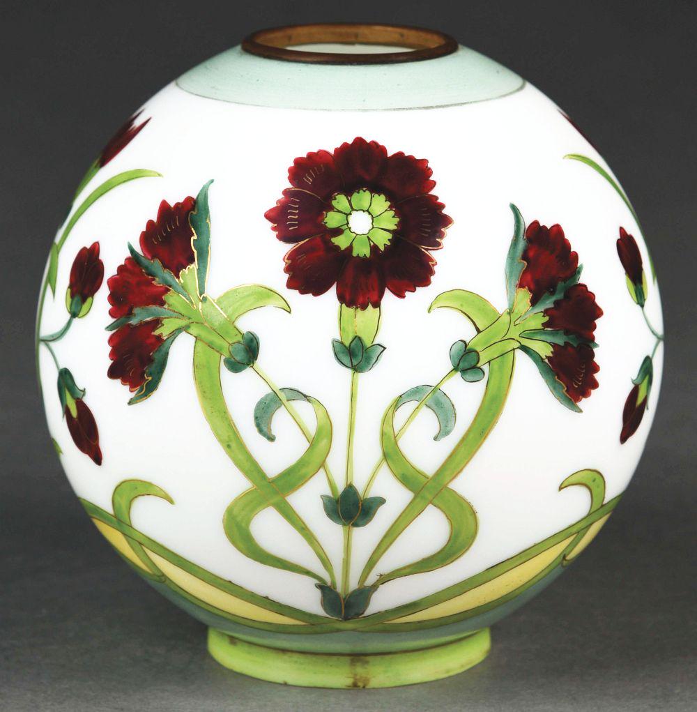 SMALL WHITE GLASS GLOBE WITH FLOWERS.: 6" diameter white glass globe painted with green top edge, yellow to green bottom edge with burgundy flowers. In excellent condition with no scratches. chips, cracks, breaks or repairs.Condition:(Exce