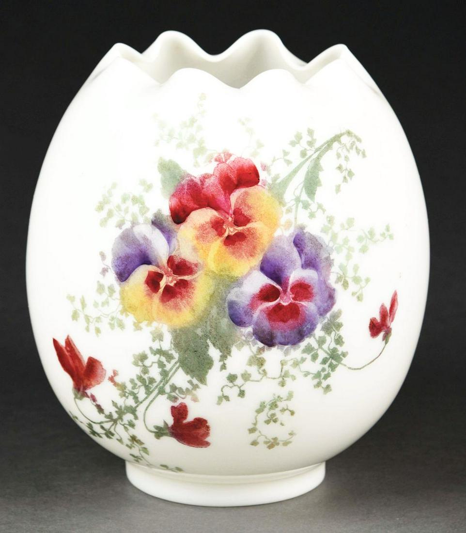 PAINTED PANSIES LAMP GLOBE.: 9"diameter white glass globe with scalloped lip and painted pansies. Two small scuffs and otherwise no scratches, chips, cracks or repairs.Condition:(Very good).8 3/4"T x 9"D.Dimensions: