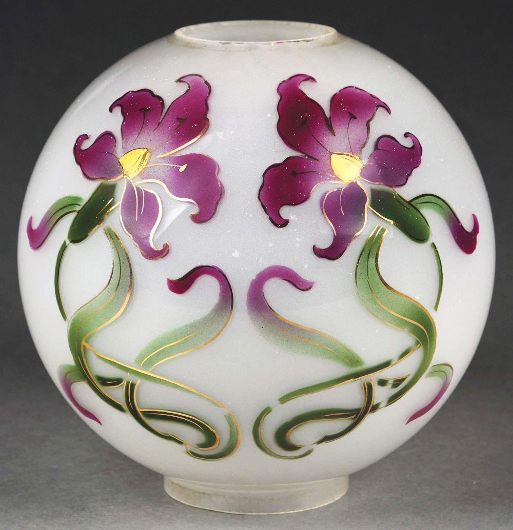 IRIS PATTERN LAMP GLOBE.: 10" diameter milky white glass globe with purple iris floral design. Condition is very good with no scratches, chips, scuffs or repairs. Some flea bites around both edges. Condition:(Very good).9 - 3/