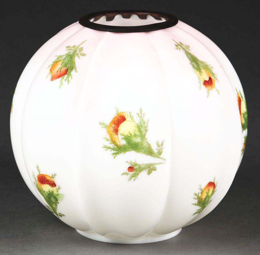 MILKY YELLOW-ORANGE THISTLE BUDS LAMP GLOBE.: 10" diameter scalloped, pink to white milk glass globe with yellow-orange thistle buds. Free of any cracks, chips or repairs.Condition:(Very Good-Excellent).8 - 1/4" x 8 - 1/2" x 8 - 1/2".Dimensions: