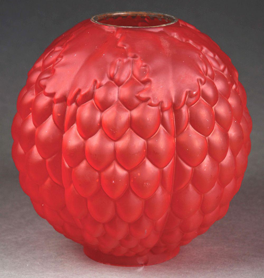 RED BERRY LAMP GLOBE.: 10" diameter red berry glass globe. Condition is very good with some surface scuffing, two small scratches and minor flea bites on the bottom edge.Condition:(Very good).9" x 9" x 10".Dimensions: