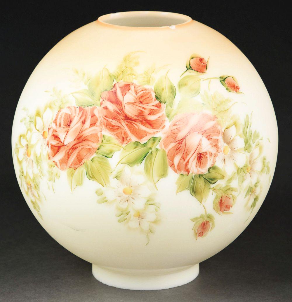 MILKY WHITE GLOBE WITH PINK ROSES.: 9" diameter light peach to milky white glass globe with painted pink roses and rosebuds. Condition is very good with a 1/4" chip to the top edge and a 1/2" chip to the bottom edge. Otherwise no scratc