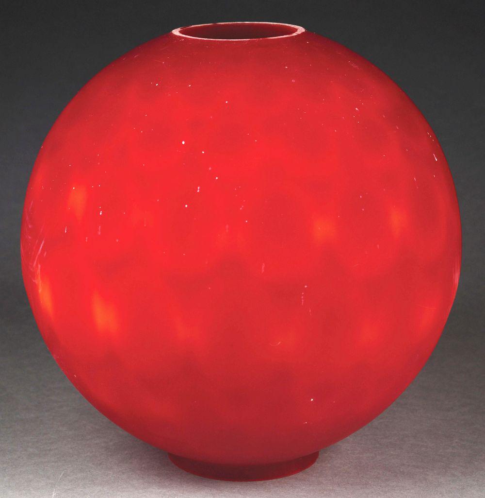 LARGE MAROON LAMP GLOBE.: 13 - 1/2" diameter burgundy mottled glass globe. Condition is good to very good with no scratches, chips, cracks or repairs. Surface scuffing and some minor flea bites to the bottom edge.Condition:(Go
