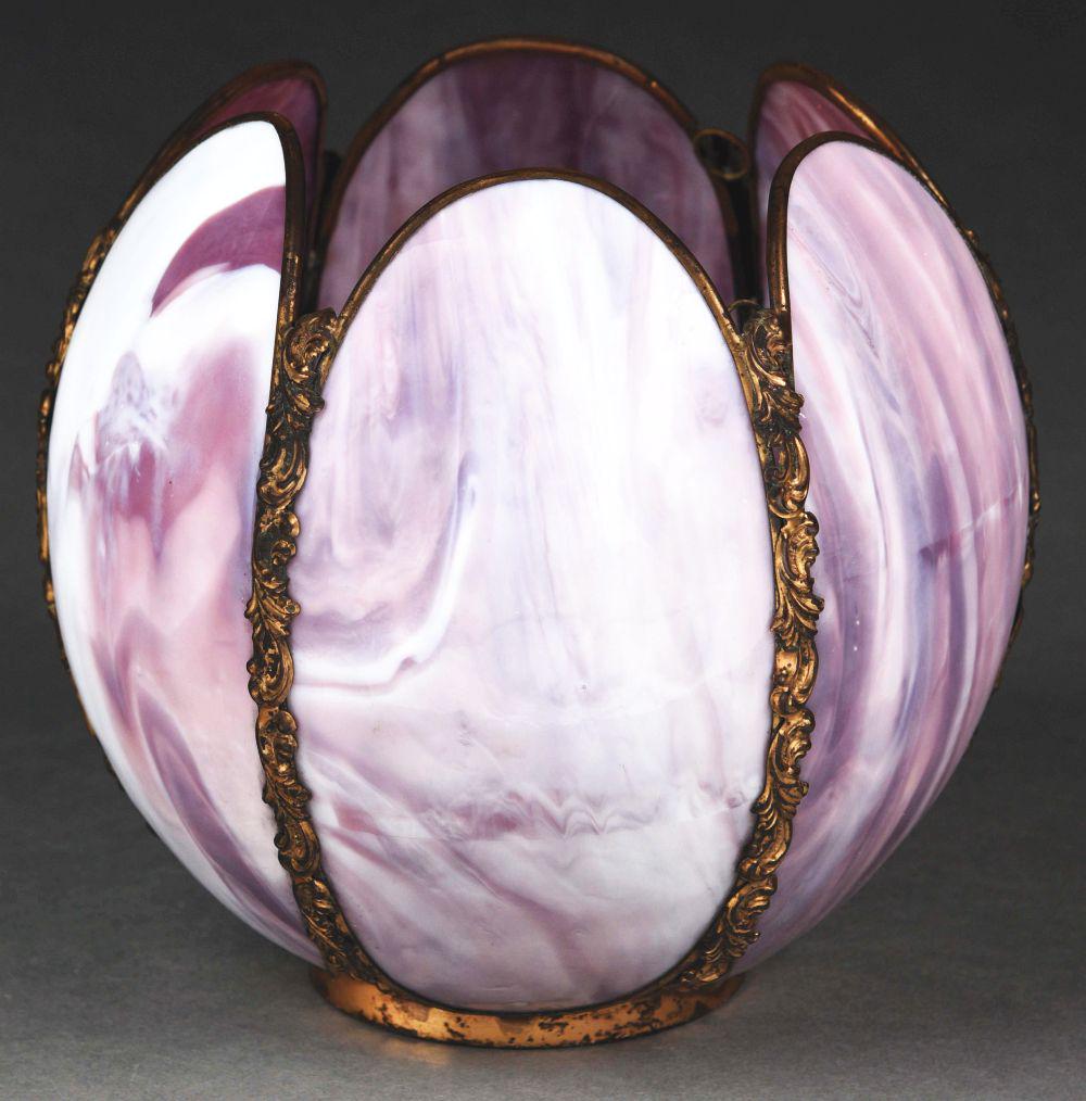 PURPLE AND WHITE PETAL-STYLE LAMP SHADE W/ BRASS SEAMS. (1 of 5)