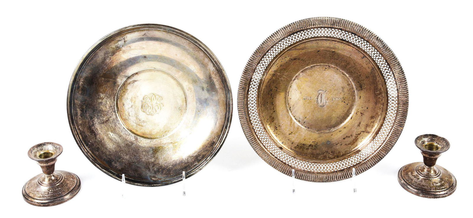 LOT OF 4: MISC. STERLING SILVER TRAYS AND CANDLE HOLDERS. (1 of 1)