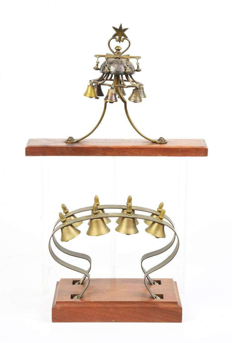 LOT OF 2: PARADE CARRIAGE BELLS MOUNTED ON WOODEN BASES. (1 of 2)