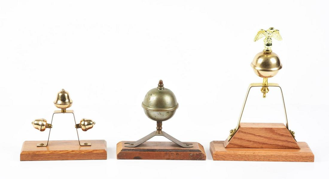 LOT OF 3: PARADE BELLS MOUNTED ON WOODEN BASES. (1 of 2)