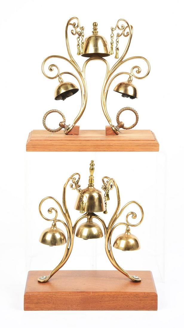 LOT OF 2:BRASS PARADE BELLS ON WOOD BASES. (1 of 2)