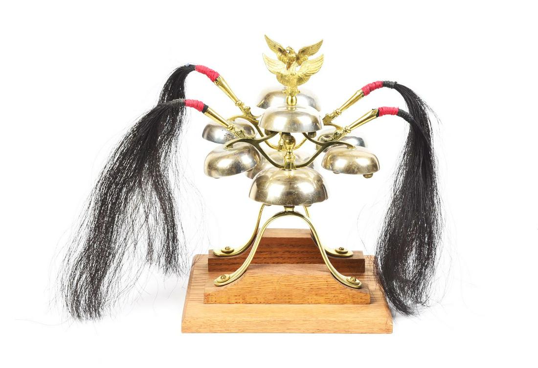 PAIR OF ANTIQUE CARRIAGE SLEIGH PARADE SHOW HORSE BELL TOPPERS. (1 of 2)