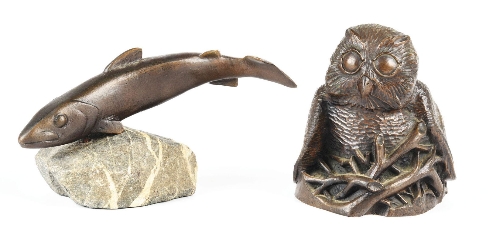 LOT OF 2: SCULPTURES.: (A) Bronze fish on rock. (B) Composite owl, marked "Richard Fisher." Small chip on back feather.Condition:(Very Good - Excellent).Fish: 8" x 4" x 4 - 3/4".Dimensions: