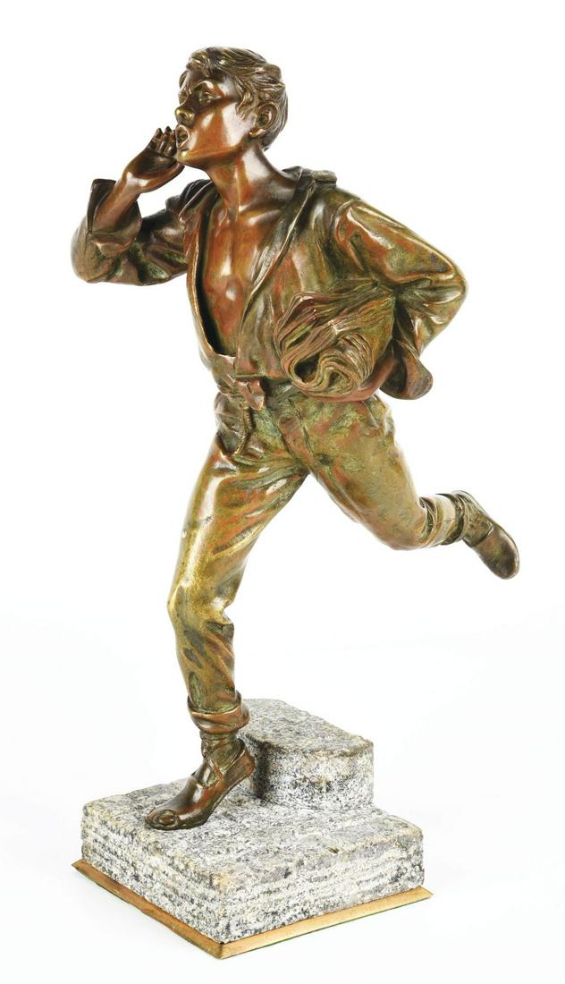 BRONZE RUNNING NEWSPAPER BOY. (1 of 2)