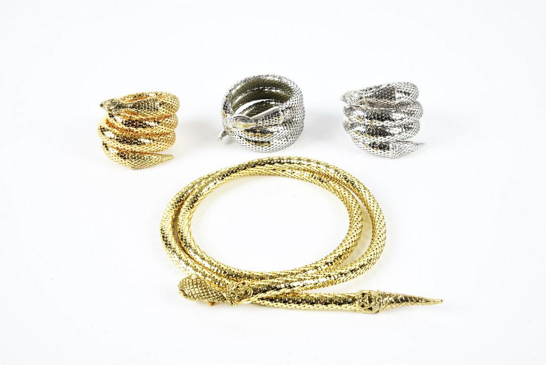 LOT OF 4: WHITING AND DAVIS SNAKE BRACELETS AND BELT. (1 of 2)