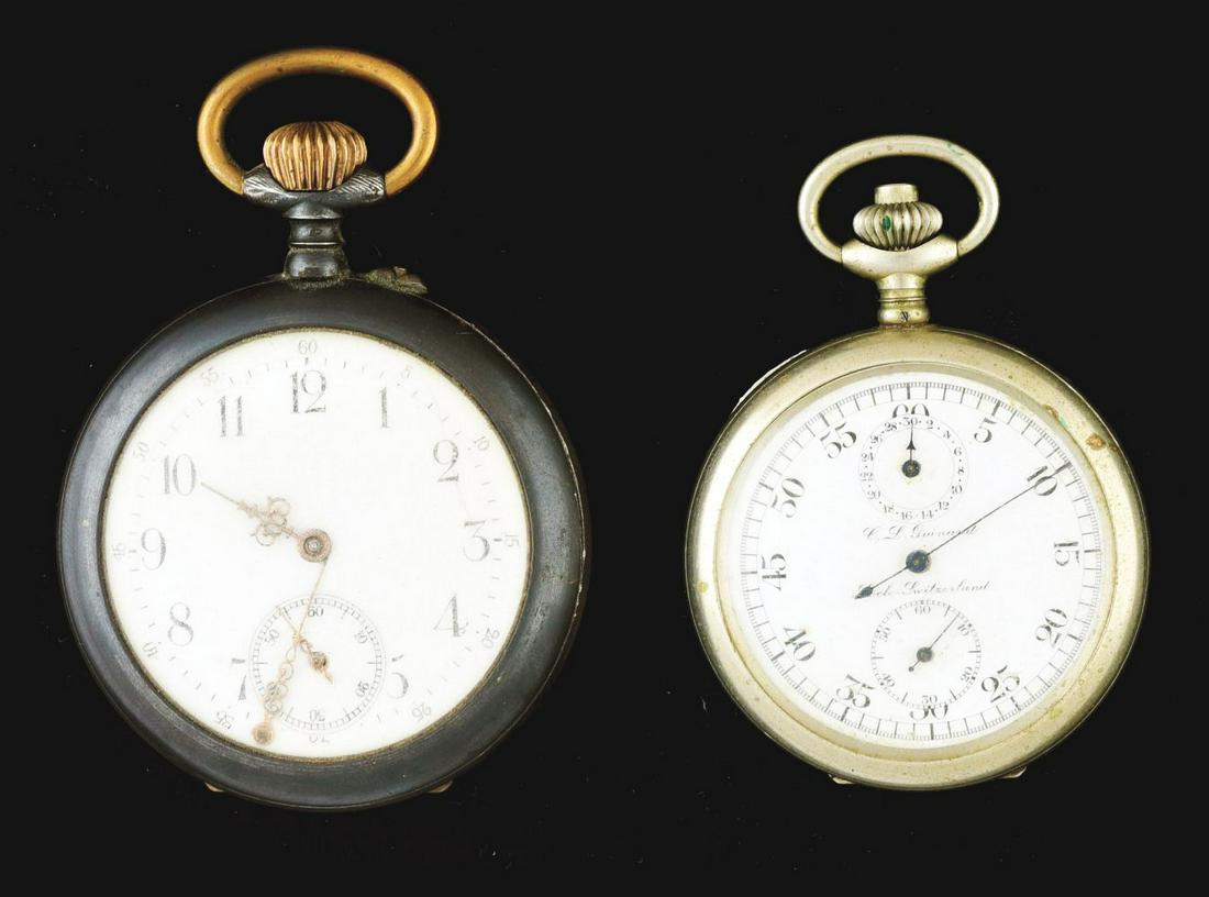 LOT OF 2: SWISS OPEN FACE POCKET WATCHES, BLUED STEEL & C.L. GUINAND STOP WATCH. (1 of 2)