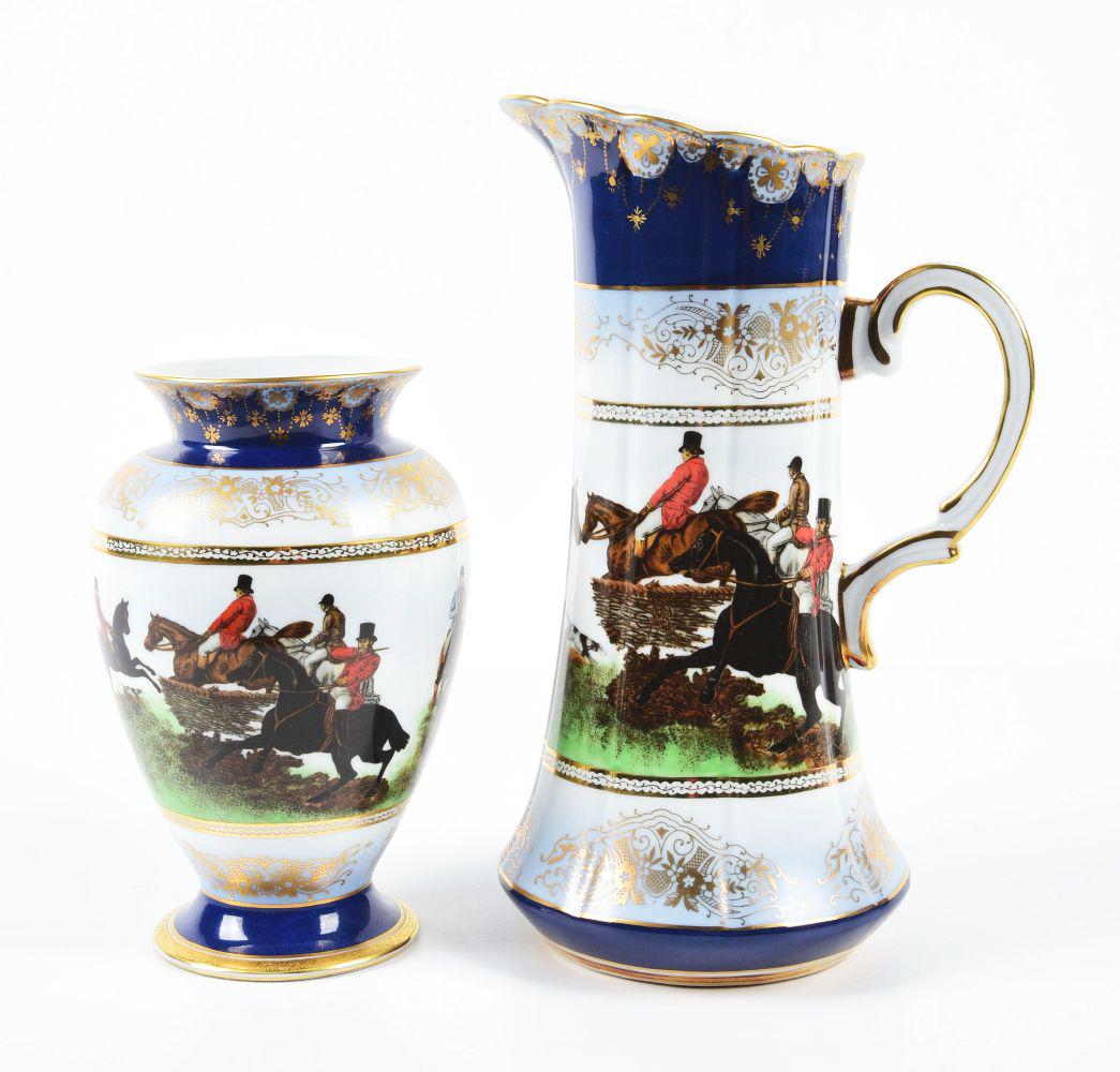 LOT OF 2: LIMOGES HUNTING SCENE PITCHER & VASE. (1 of 2)