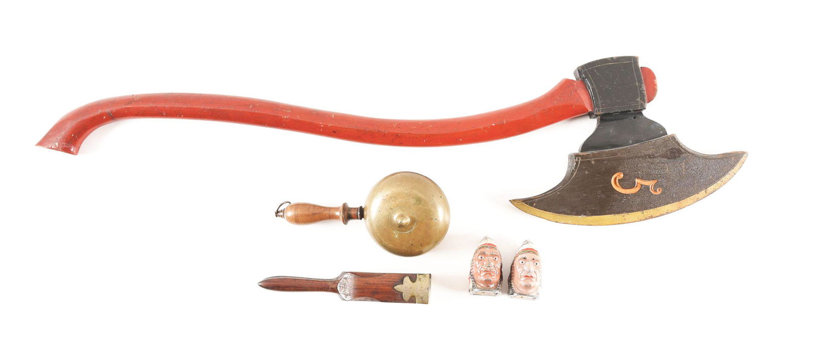 LOT OF 5: LIME SQUEEZER, BELL, FRATERNAL FIREMAN'S WOOD AXE, AND TWO INDIAN HEAD BANKS. (1 of 6)