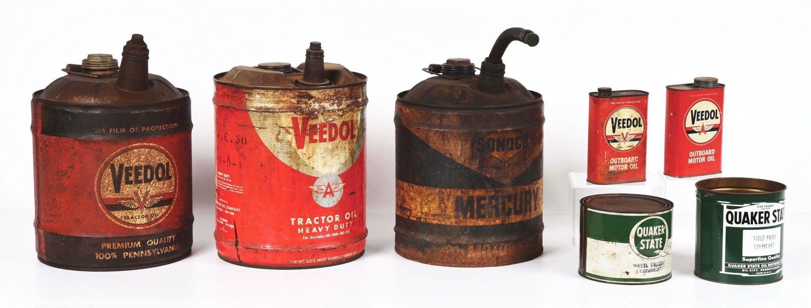 LOT OF 7: VARIOUS MOTOR OIL CANS FROM VEEDOL, SUNOCO & QUAKER STATE. (1 of 4)