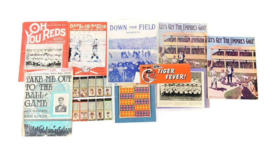 LOT OF MOSTLY VINTAGE DETROIT TIGERS & OTHERS SHEET MUSIC.: Includes 1940 Detroit Tigers, 1935 Detroit Baseball Club, "Oh U Reds" sheet music, team photos, group of match covers, baseball push piece set, "Take Me Out to the Ball Game" sheet music and reprinted