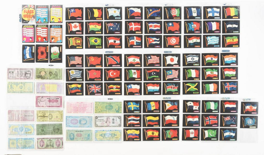 SET OF FLAGS OF THE WORLD STICKER SHEETS.: Including scarce paper money. Also has "Flags of the World" wrapper. Printed and made in Canada.Condition:(Excellent).Each: 2 - 1/2" x 1 - 1/2".Dimensions: