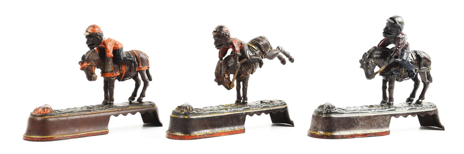 LOT OF 3: 'SPISE A MULE BANKS.: (A) J. Harper, right arm reattached. Very good condition. (B) J. Harper, tail broken and does not latch. Good condition. (C) Stevens, partial repaint and jockey not attached. Fair condition.Condition:
