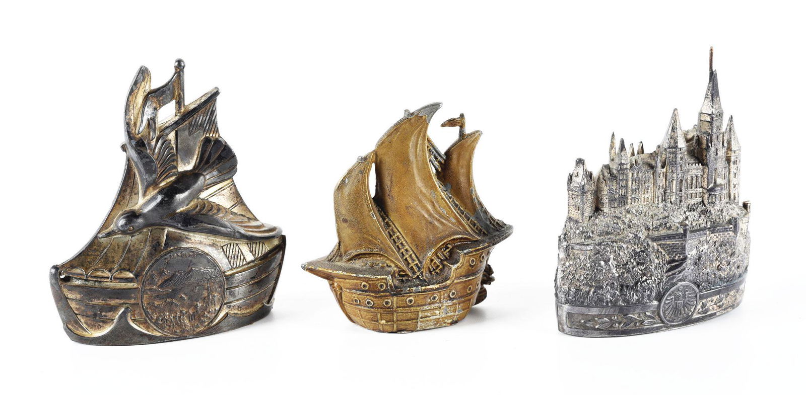 LOT OF 3: EUROPEAN WHITE METAL SHIP BANKS. (1 of 3)