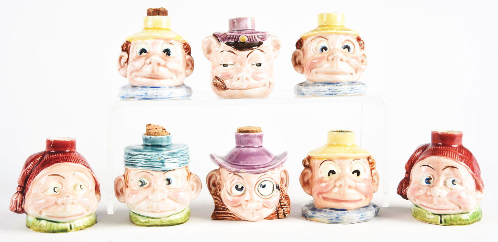 LOT OF 8: FIGURAL MAJOLICA PALMER COX JUGS WITH CORKS. (1 of 1)