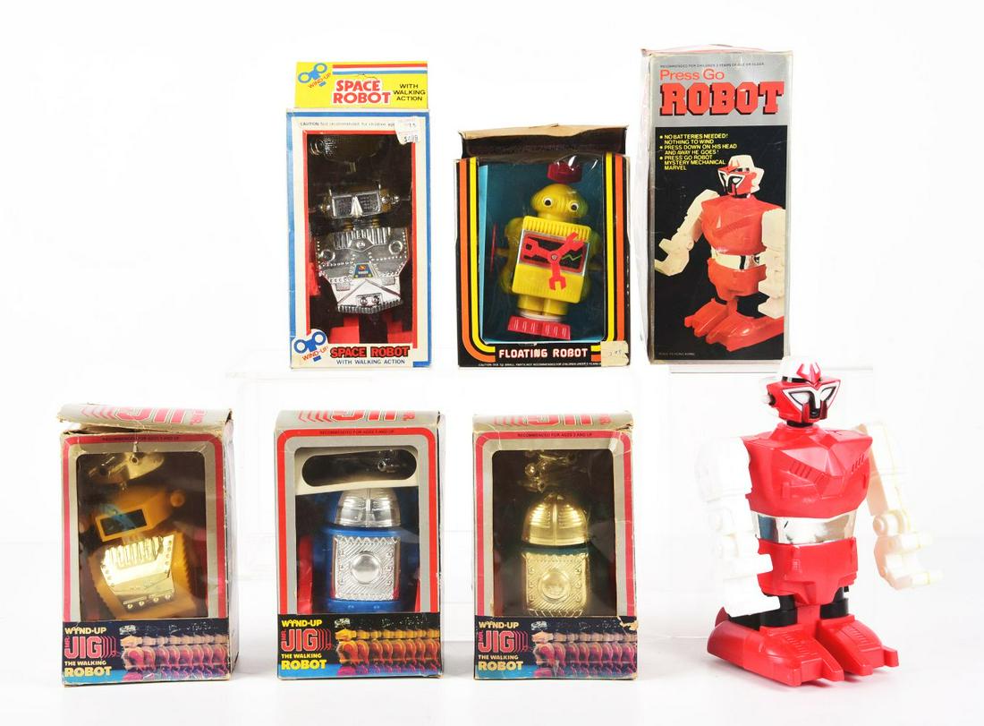 LOT OF 6: VARIOUS BOXED PLASTIC HONG KONG ROBOTS. (1 of 1)