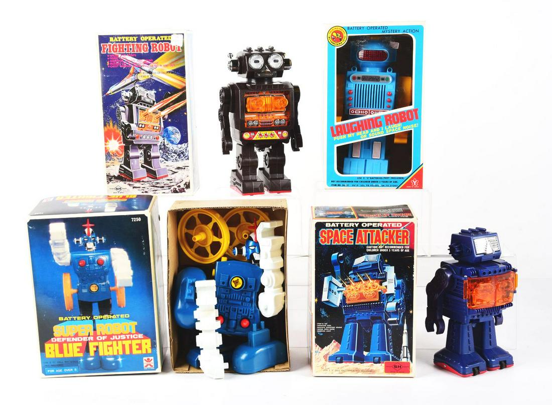 LOT OF 4: JAPANESE-MADE BATTERY-OPERATED ROBOTS IN ORIGINAL BOXES. (1 of 1)