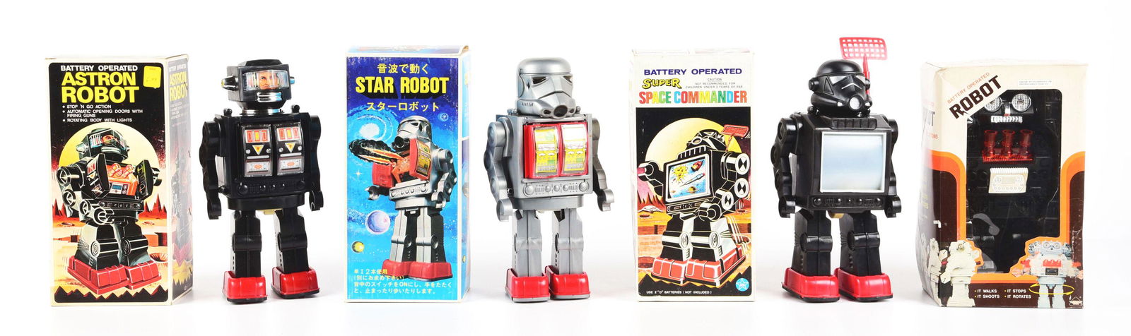 LOT OF 4: VARIOUS BATTERY-OPERATED HONG KONG-MADE ROBOT TOYS IN ORIGINAL BOXES. (1 of 1)