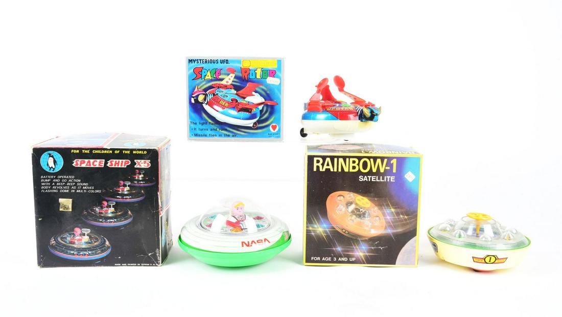 LOT OF 3: MADE IN TAIWAN BATTERY-OPERATED SPACESHIPS IN ORIGINAL BOXES.: There is a Rainbow Satellite, Spaceship X-5 and a Space Rotor. Some creasing to boxes. Condition:(Very Good).Largest Box: 8 - 1/4" x 8 - 1/4" x 4 - 3/4" .Dimensions: