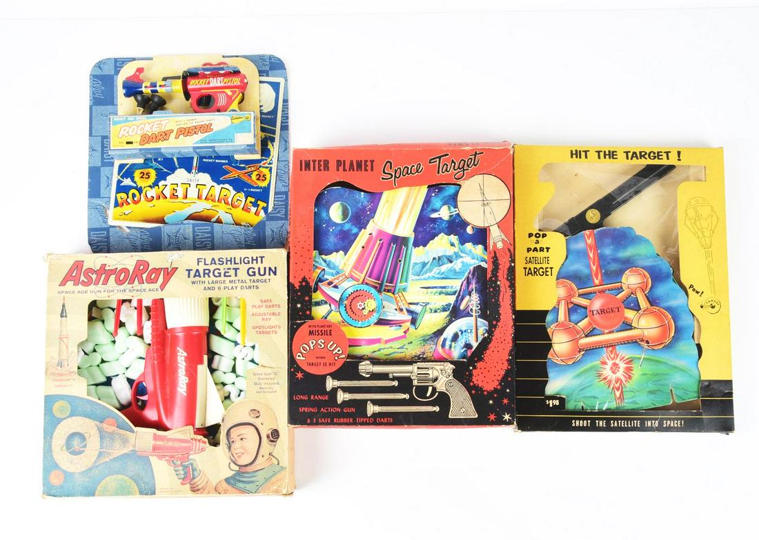 LOT OF 4: AMERICAN-MADE VARIOUS SPACE TARGET SETS.: Includes a Daisy Rocket Dart Pistol Set, Interplanet Space Target Set, Astro Ray Target Set and a Satellite Target Set.Condition:(Very Good - Excellent).Largest Box: 15 - 1/4" x 12" x 2 - 3/4" . Dimen