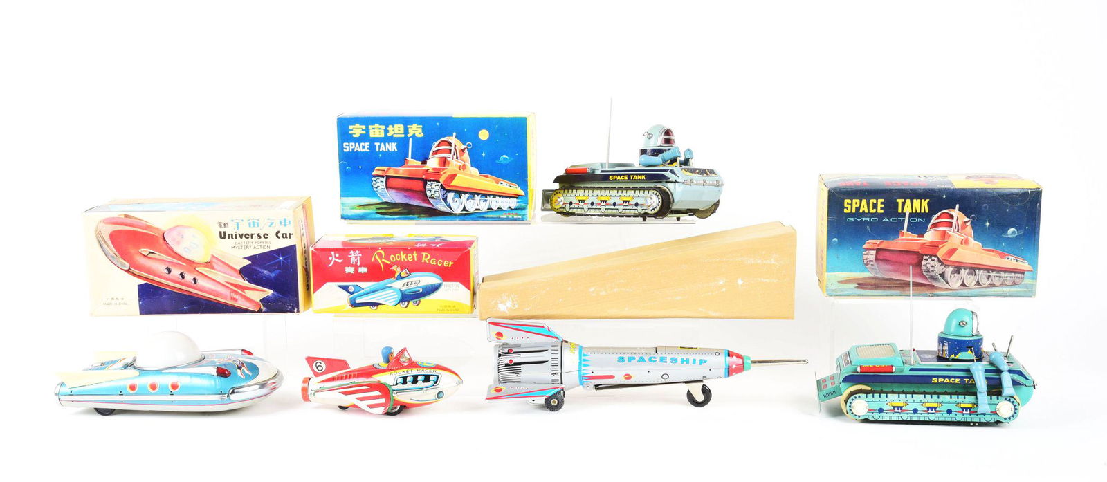 LOT OF 5: TIN LITHO BATTERY-OERATED SPACE VEHICLES IN ORIGINAL BOXES. (1 of 1)