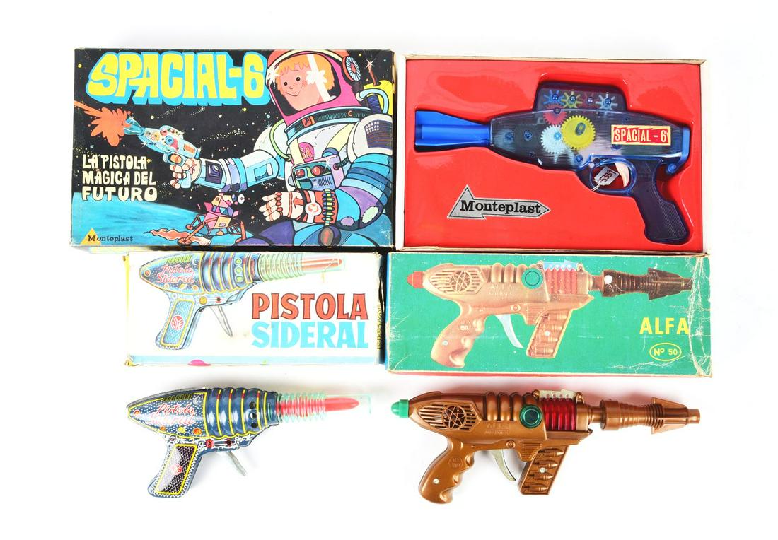 LOT OF 3: FOREIGN-MADE SPACE PISTOLS IN ORIGINAL BOXES.: Includes a Greek Alpha Pistol, Spanish Pistola Sidereal that is not working and a Special - 6. Condition:(Very Good - Excellent).Largest Box: 12 - 3/4" x 8" x 2" . Dimensions: