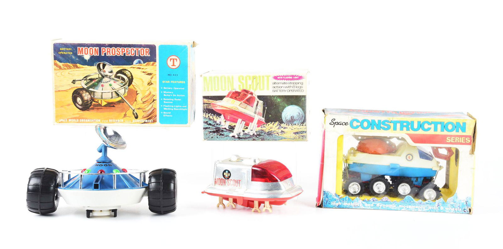 LOT OF 3: BATTERY-OPERATED MADE IN HONG KONG PLASTIC SPACE VEHICLES IN ORIGINAL BOXES. (1 of 1)