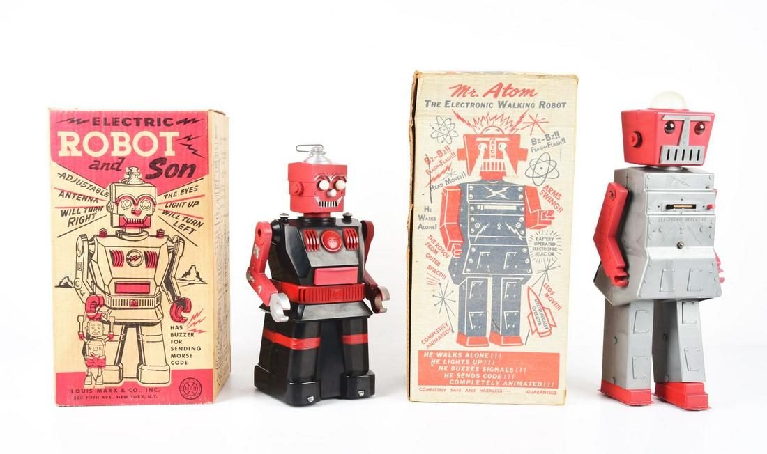 LOT OF 2: AMERICAN-MADE PLASTIC ROBOTS IN ORIGINAL BOXES. (1 of 1)